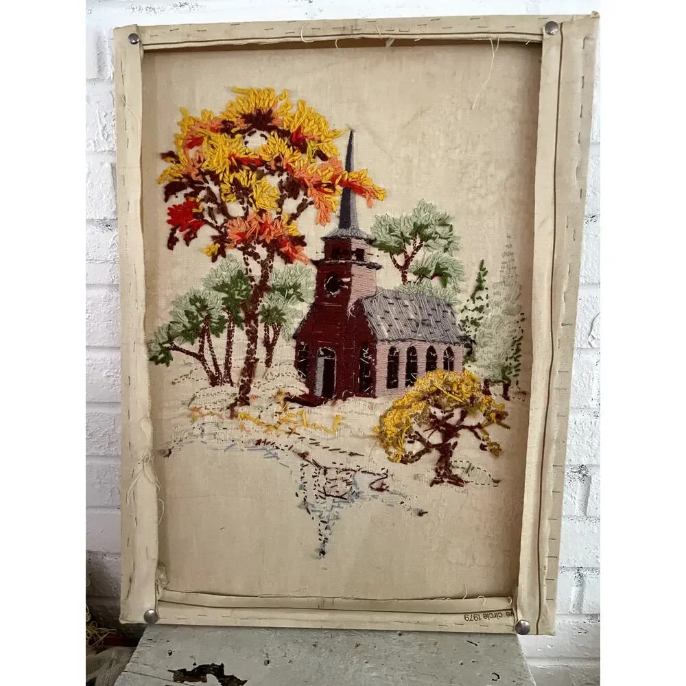 Vintage 1979 Handcrafted Crewel Embroidery on Linen Canvas